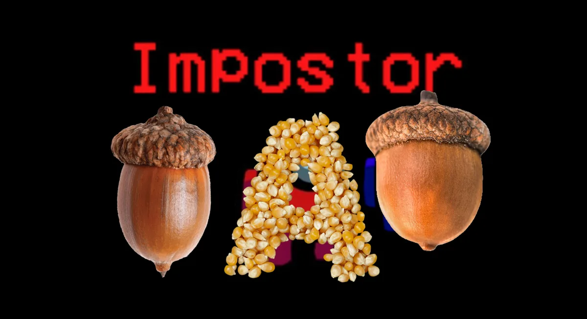 The image displays the word 'Impostor' in red pixelated text against a black background. Below it, three items are arranged…