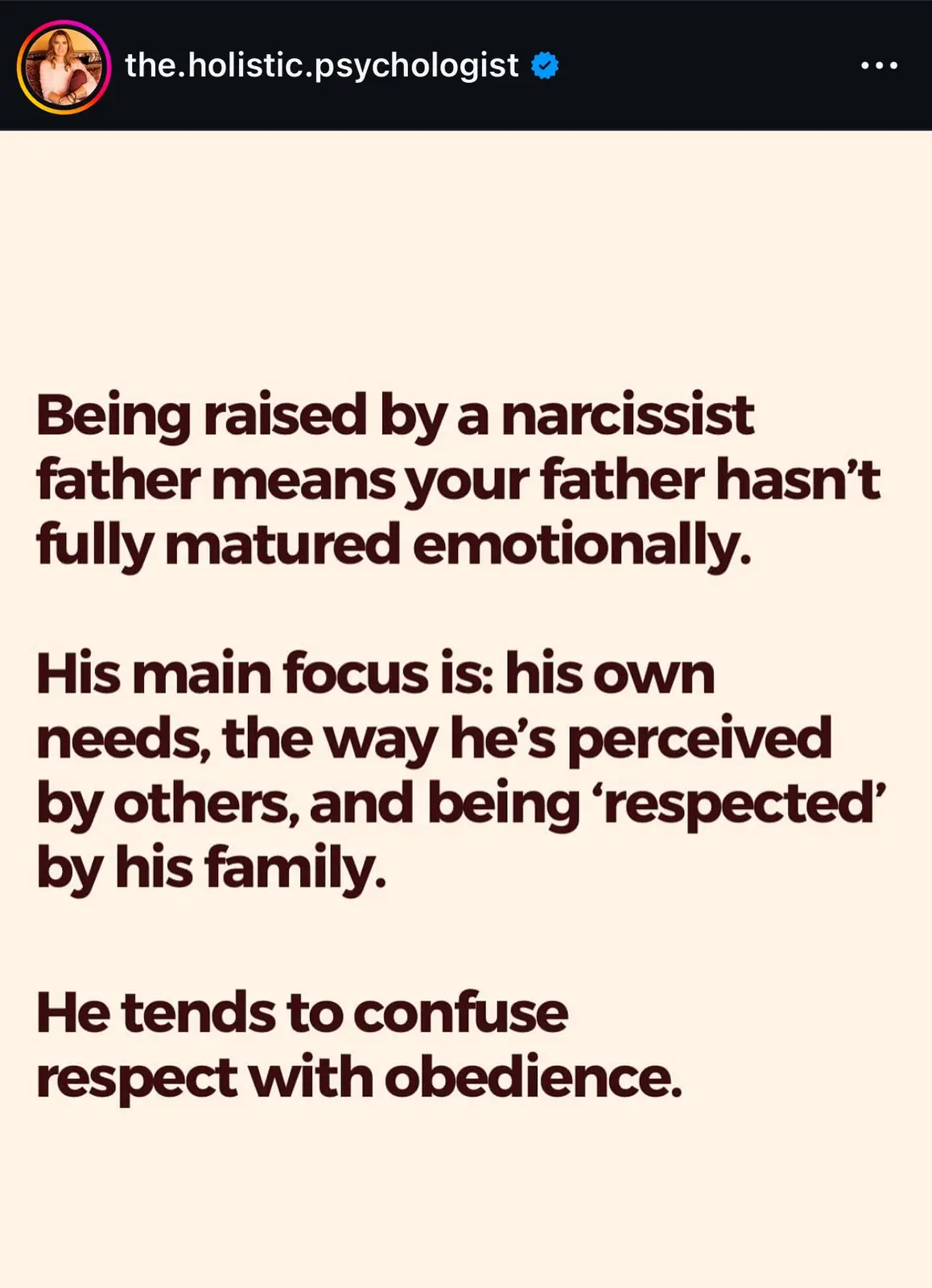 A plain beige background displays dark brown text explaining psychological traits of a narcissistic father, such as…