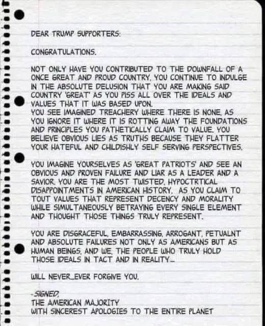 A typed letter on lined notebook paper with a spiral binding on the left, addressed to 'TRUMP SUPPORTERS,' delivering a…