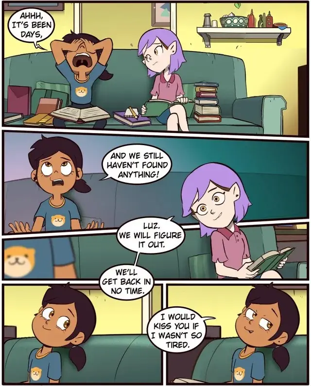 A four-panel comic strip from 'The Owl House' shows Luz and Amity sitting on a couch surrounded by books. Amity expresses…