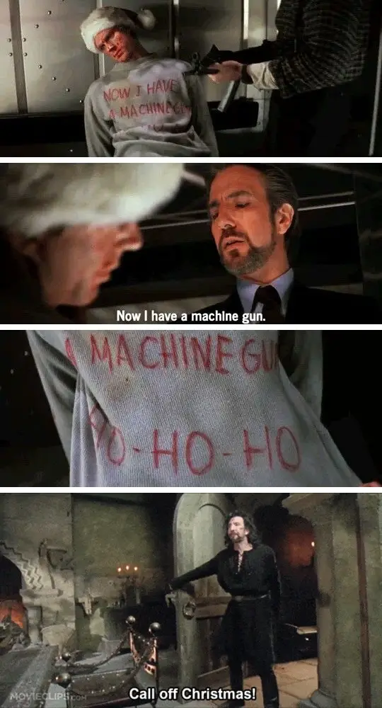 A four-panel meme from the movie 'The Christmas Invasion' shows a man in a Santa hat with 'NOW I HAVE A MACHINE GUN' written…