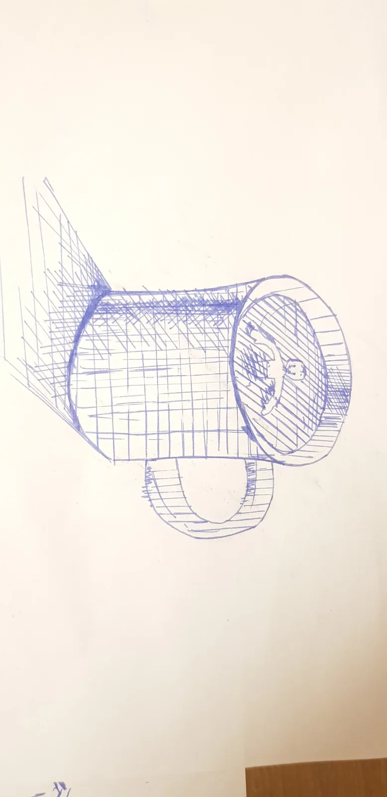 A blue ink sketch on white paper shows a cylindrical object with a handle, resembling a megaphone or horn, with a small…