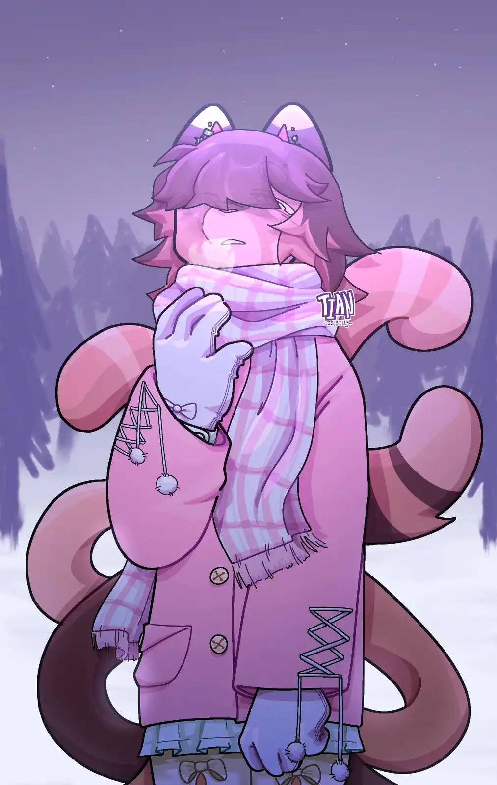 A purple-haired, cat-eared anime-style character with multiple tails stands in a snowy, starry forest, hugging a thick plaid…