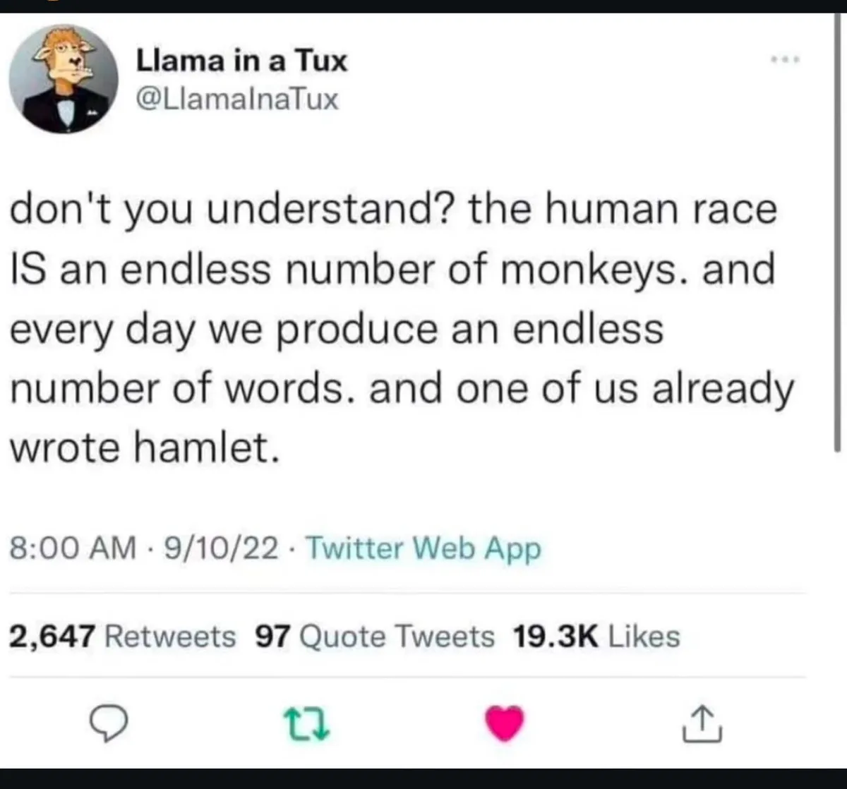 A screenshot of a tweet from the account 'Llama in a Tux' featuring a cartoon llama in a tuxedo profile picture. The tweet…