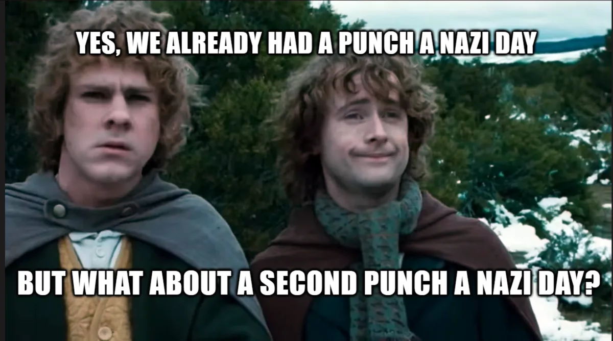 Two men from 'The Lord of the Rings' are shown side-by-side; the man on the left has a skeptical, annoyed expression while…
