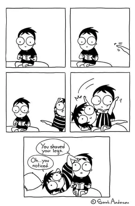 A four-panel comic strip by Sarah Andersen shows a boy reading a book while a girl approaches him. She points out that he…