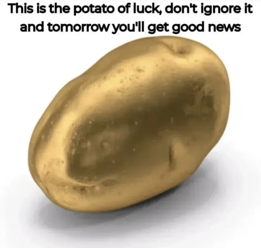 A single, irregularly shaped potato with a shiny, golden surface is centered against a plain white background. Overlaid text…