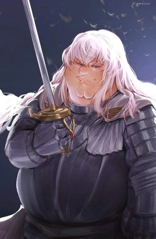 An anime-style illustration of a plump, pink-haired warrior in dark armor holding a sword, with a smug, confident…