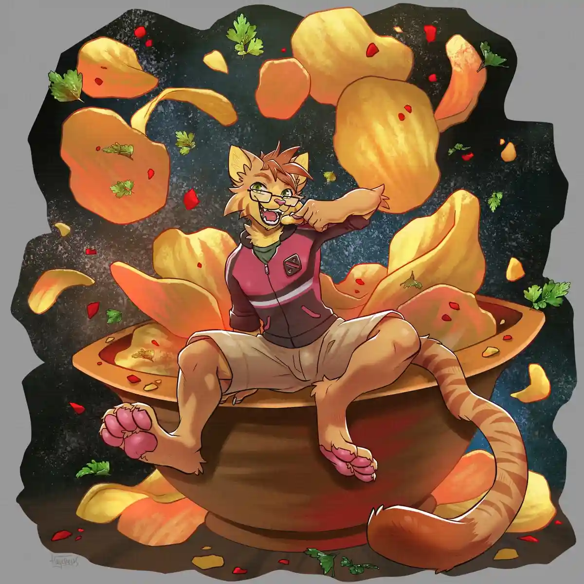 An anthropomorphic orange tabby cat with glasses sits triumphantly inside a giant bowl overflowing with golden potato chips…