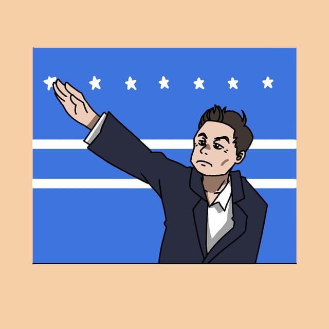 A cartoon man in a suit raises his hand toward a blue background with white stars and stripes, looking annoyed. The text…
