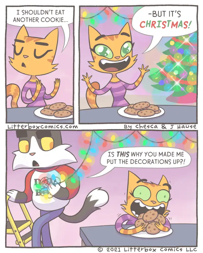 A three-panel comic strip featuring an orange tabby cat. In the first panel, the cat looks guilty while holding a plate of…