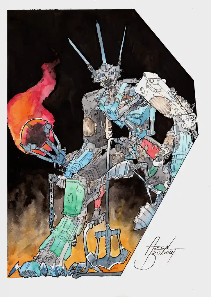 A watercolor illustration of a heavily armored, biomechanical robot with blue and silver plating, holding a flaming helmet…