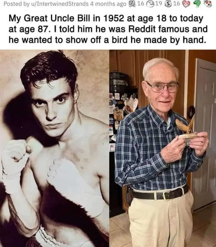 The image displays a side-by-side comparison: on the left, a young, shirtless man in boxing gloves posing in a vintage…