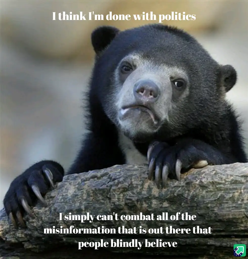 A close-up photo of a sad-looking spectacled bear resting its paws on a log, with white text overlaid at the top and bottom…