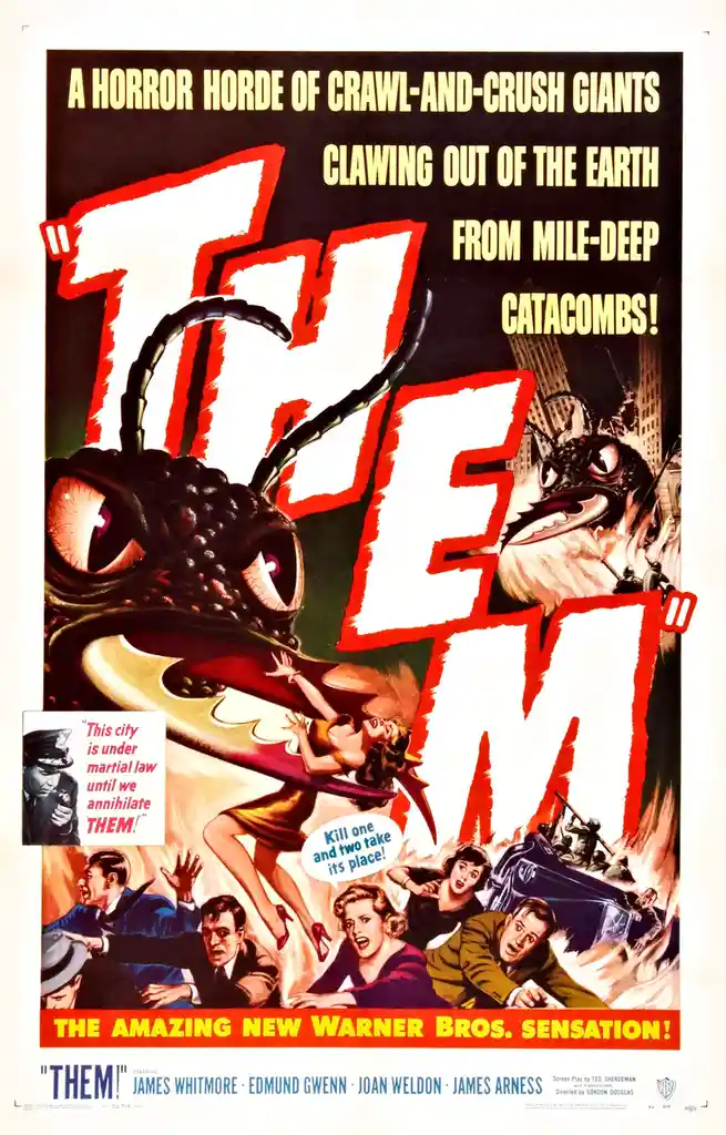 This is a vintage movie poster for the 1954 film 'Them!', depicting giant ants attacking a city. The poster shows a massive…