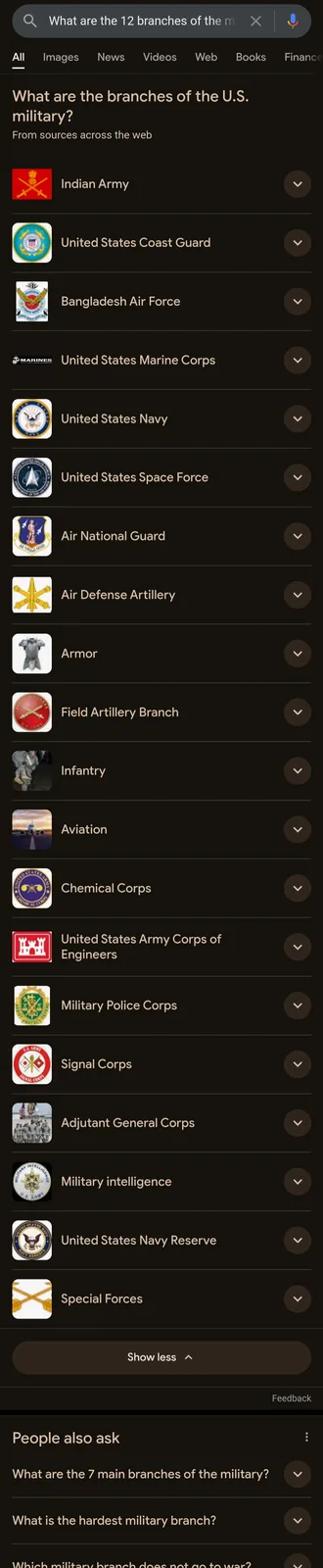 A screenshot of a Google search results page for 'What are the 12 branches of the m' shows a list of military organizations…