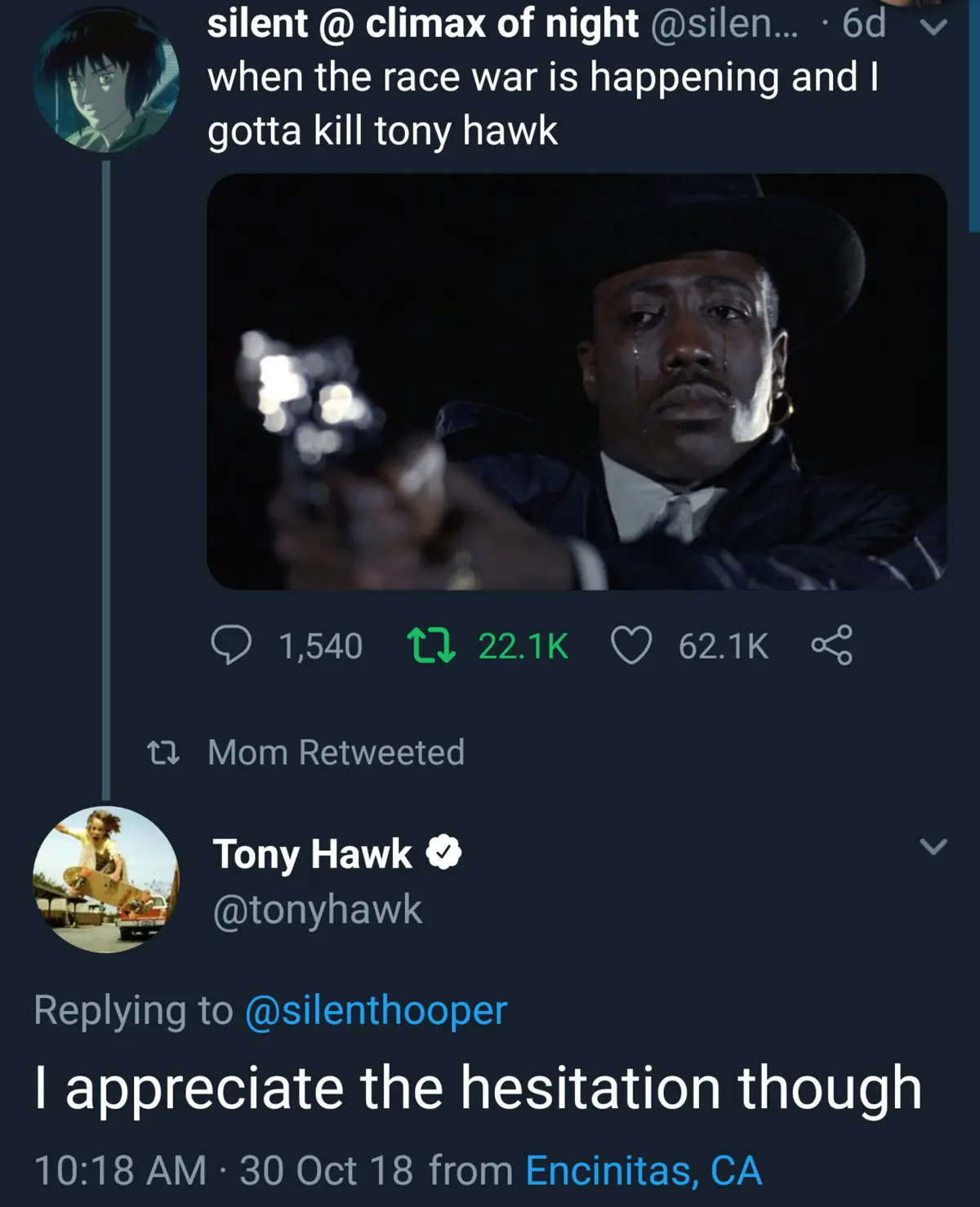 A screenshot of a Twitter thread shows user 'silent @ climax of night' posting a meme image of a man in a hat holding a gun…