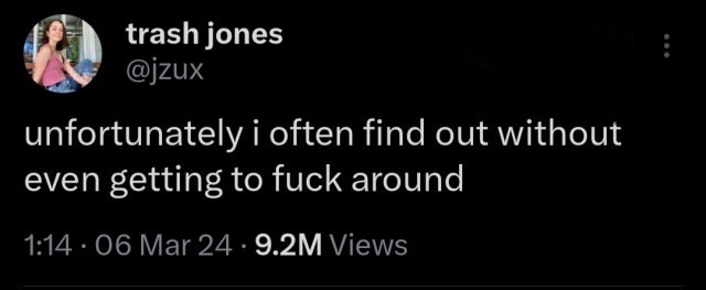 A screenshot of a TikTok video by user 'trash jones' (@jzux) showing a woman in a pink top, with overlaid white text reading…