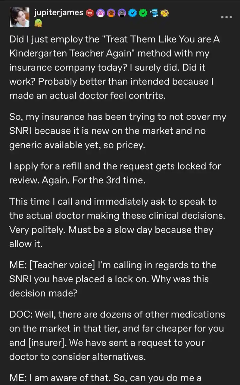 A screenshot of a social media post by 'jupiterjames' detailing a humorous interaction with an insurance company. The user…