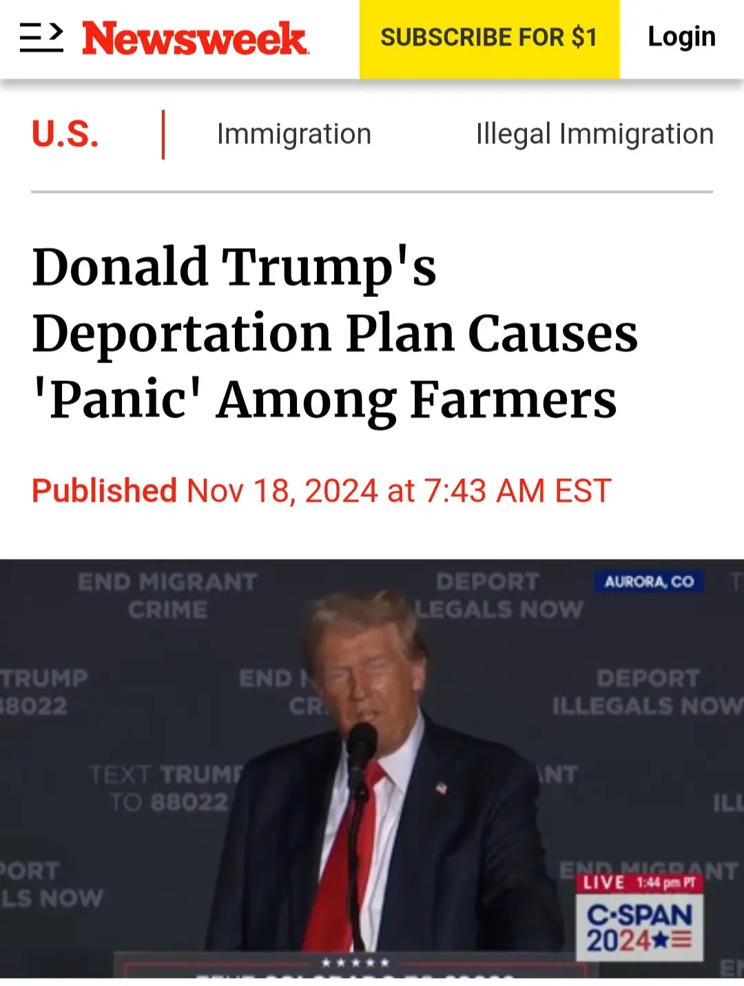 A screenshot of a Newsweek article from November 18, 2024, with the headline 'Donald Trump's Deportation Plan Causes 'Panic'…