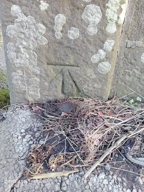 A close-up photo of a weathered, mossy stone grave marker with a carved cross symbol, surrounded by dirt, dry grass, and…