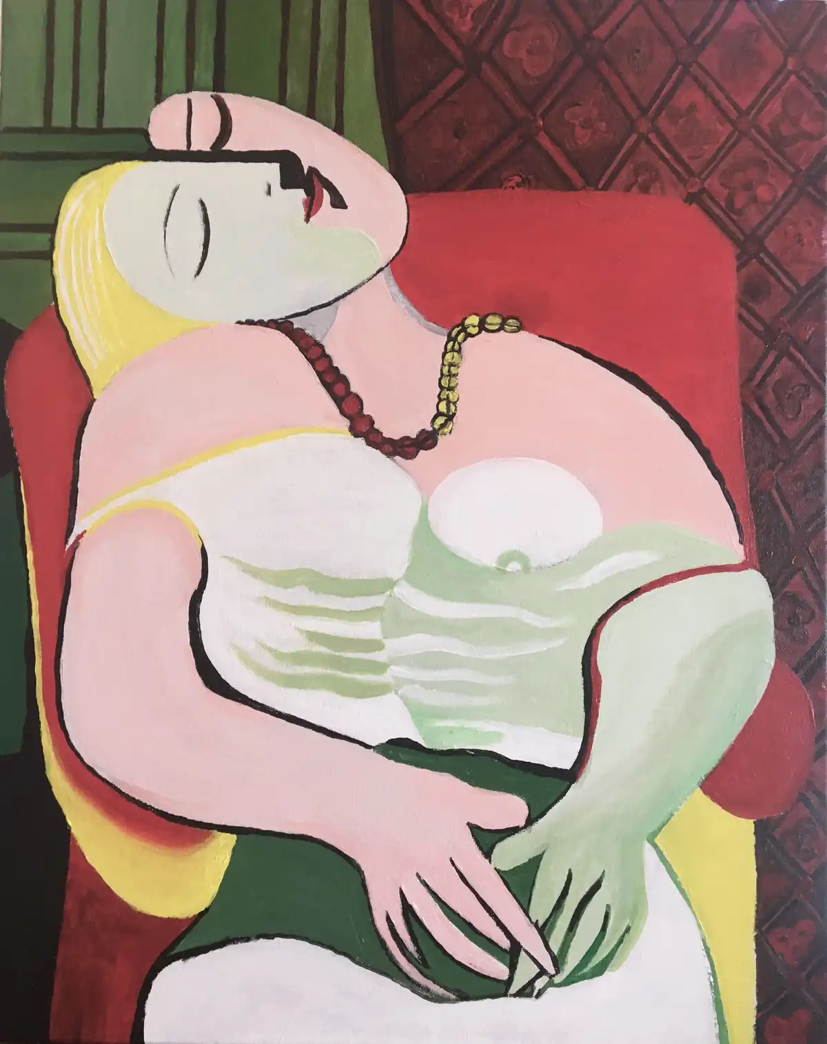 A stylized painting of a woman with blonde hair, wearing a green and white striped top and a beaded necklace, reclining on a…