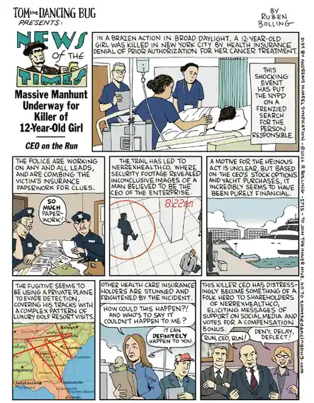 A comic strip titled 'News of the Times' depicts a fictional manhunt for a CEO who allegedly denied a 12-year-old girl's…