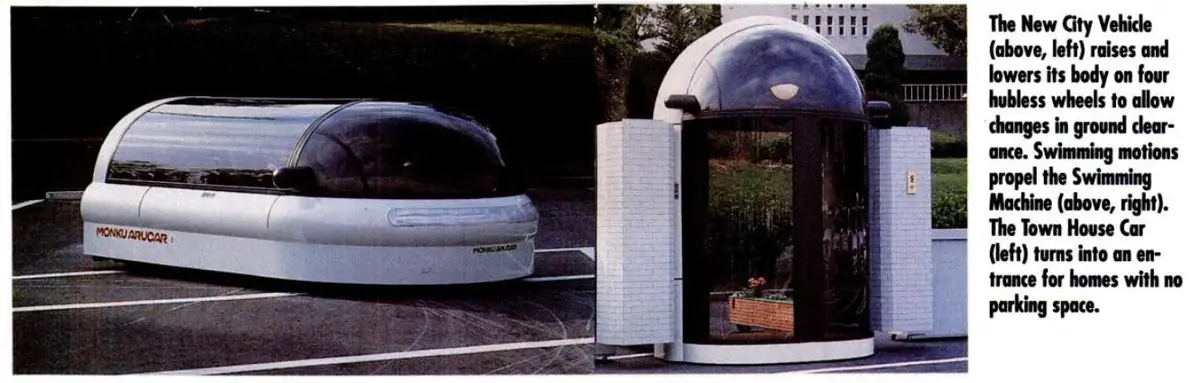 The image displays two futuristic vehicle concepts from a 1970s magazine spread. On the left is a sleek, silver, pod-like…