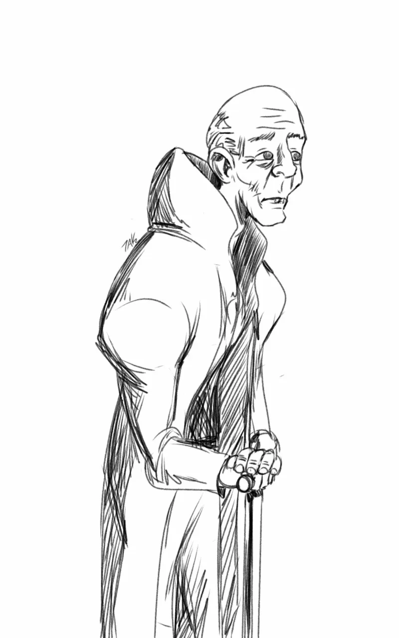 A black-and-white sketch depicts an elderly man with a bald head and wrinkled face, wearing a long robe and holding a cane…