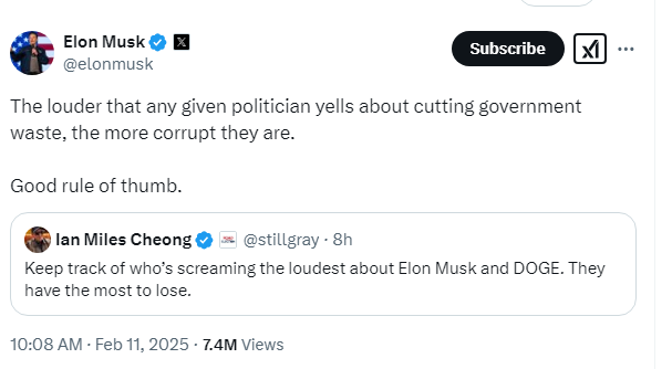 A screenshot of a Twitter/X thread shows Elon Musk's tweet stating 'The louder that any given politician yells about cutting…