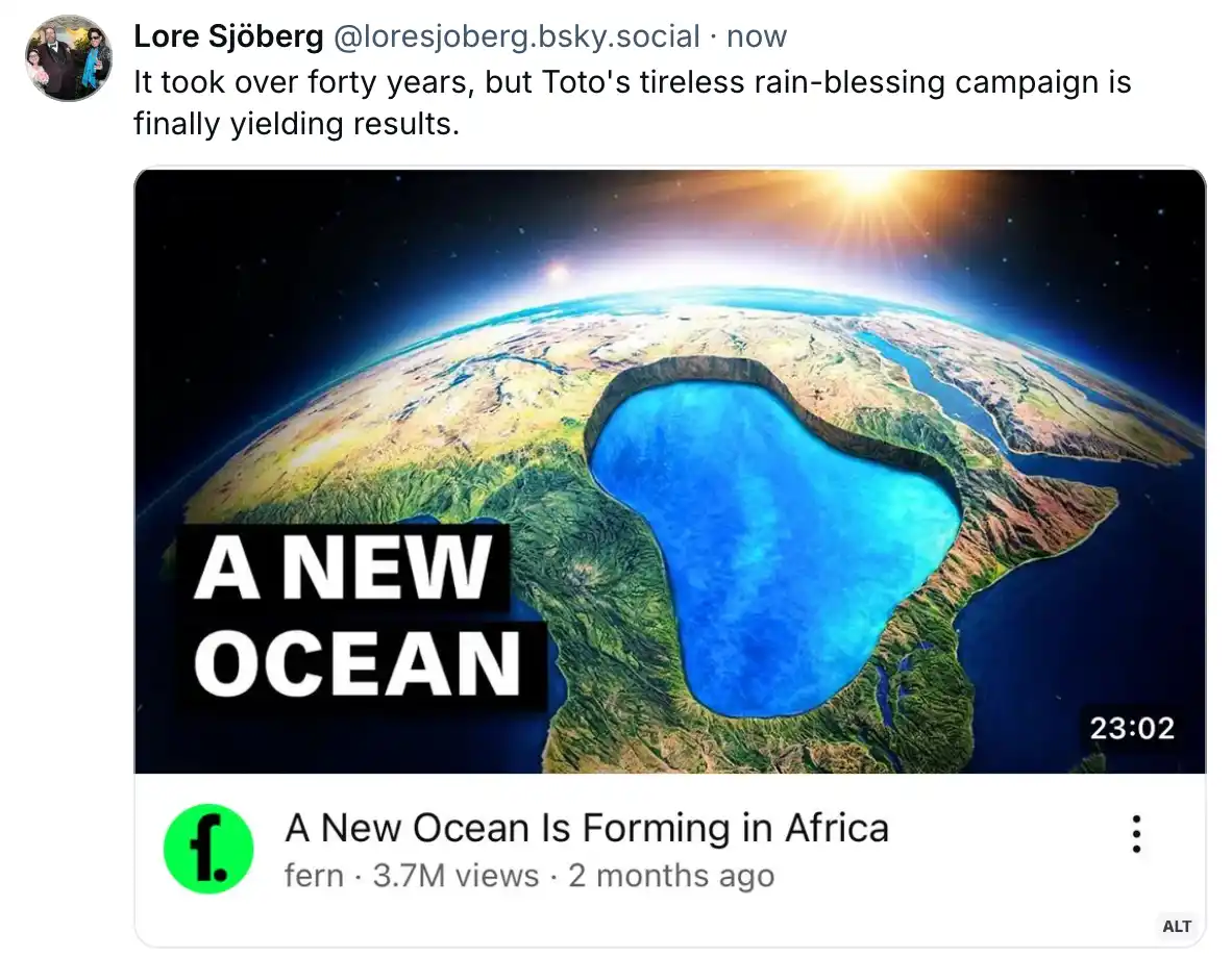 An image of Earth from space shows a large, newly formed blue body of water shaped like the continent of Africa, overlaid…