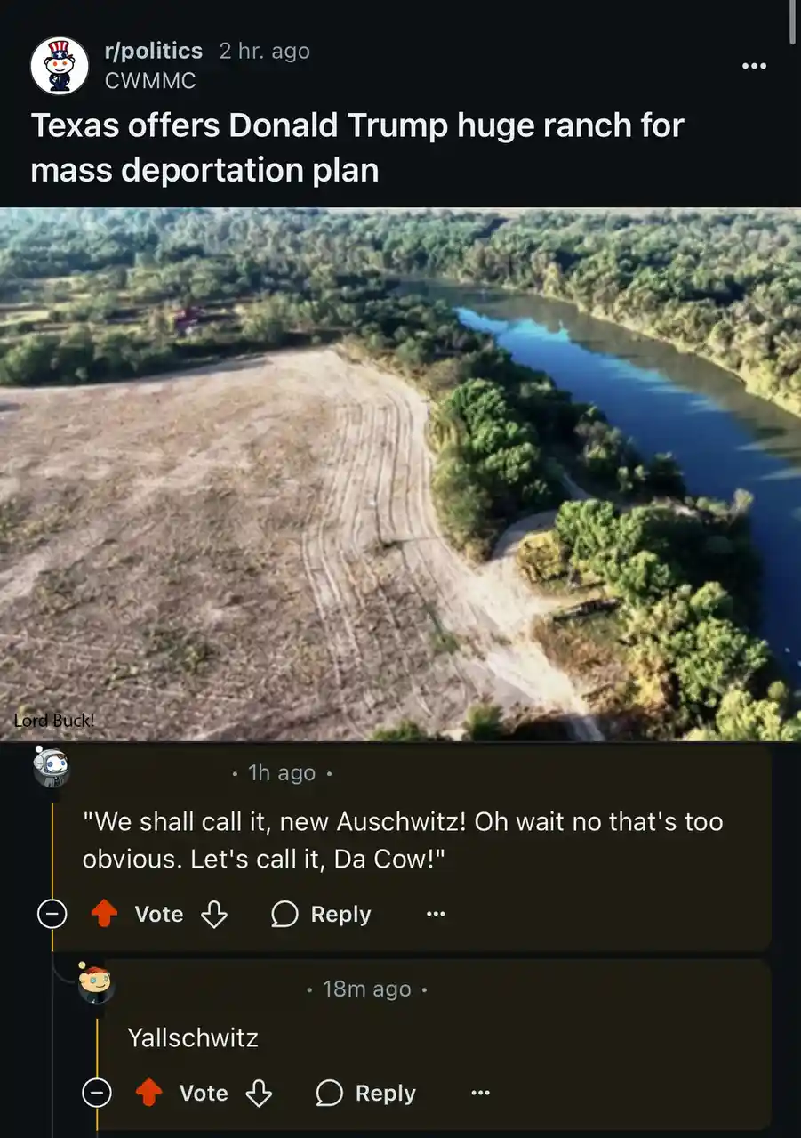 An aerial photo of a large, barren, dirt-covered field next to a river, overlaid with a Reddit comment thread. The top post…