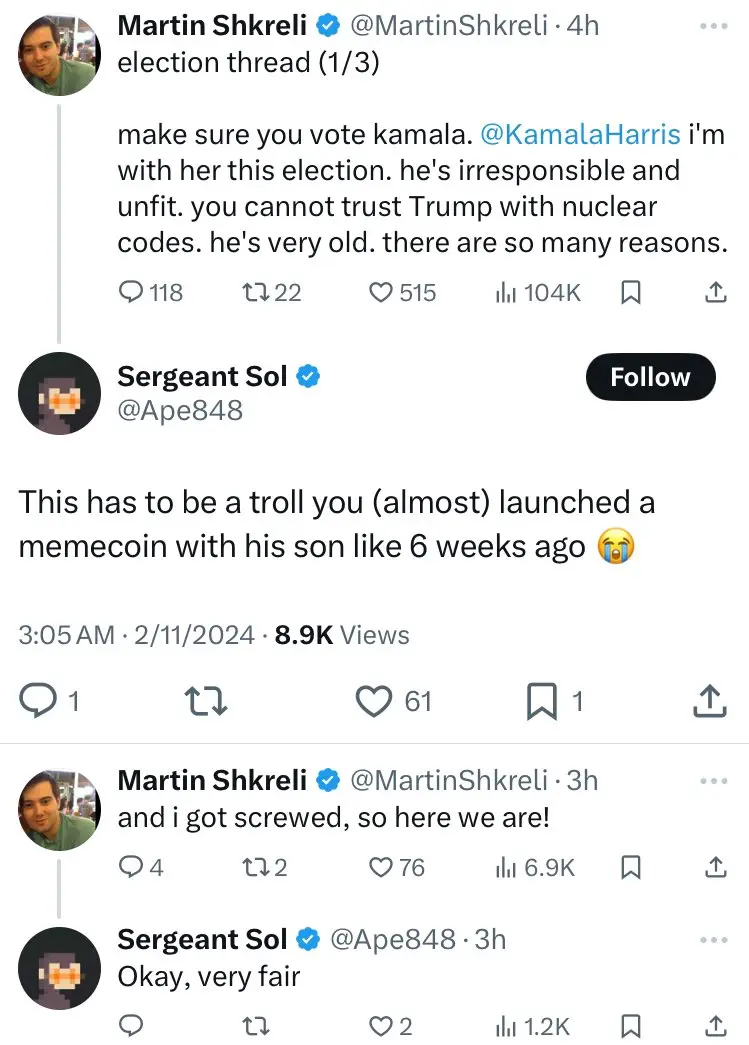 A screenshot of a Twitter thread shows Martin Shkreli promoting Kamala Harris, then being called out by user 'Sergeant Sol'…