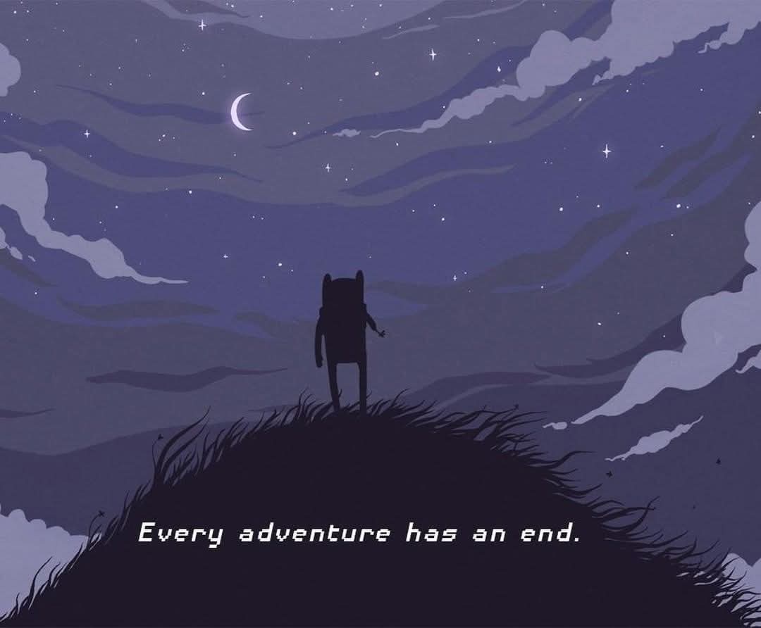 A silhouette of a small, bipedal, dog-like character stands alone on a grassy hilltop under a starry night sky with a…