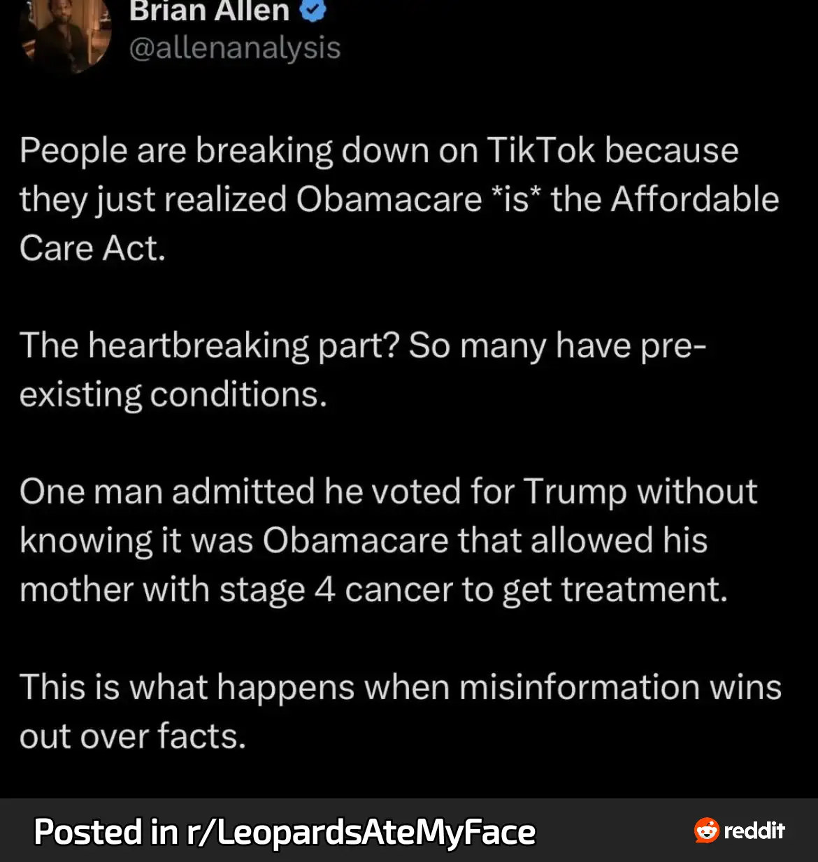 A screenshot of a tweet by Brian Allen (@allenanalysis) with white text on a black background, detailing how people are…