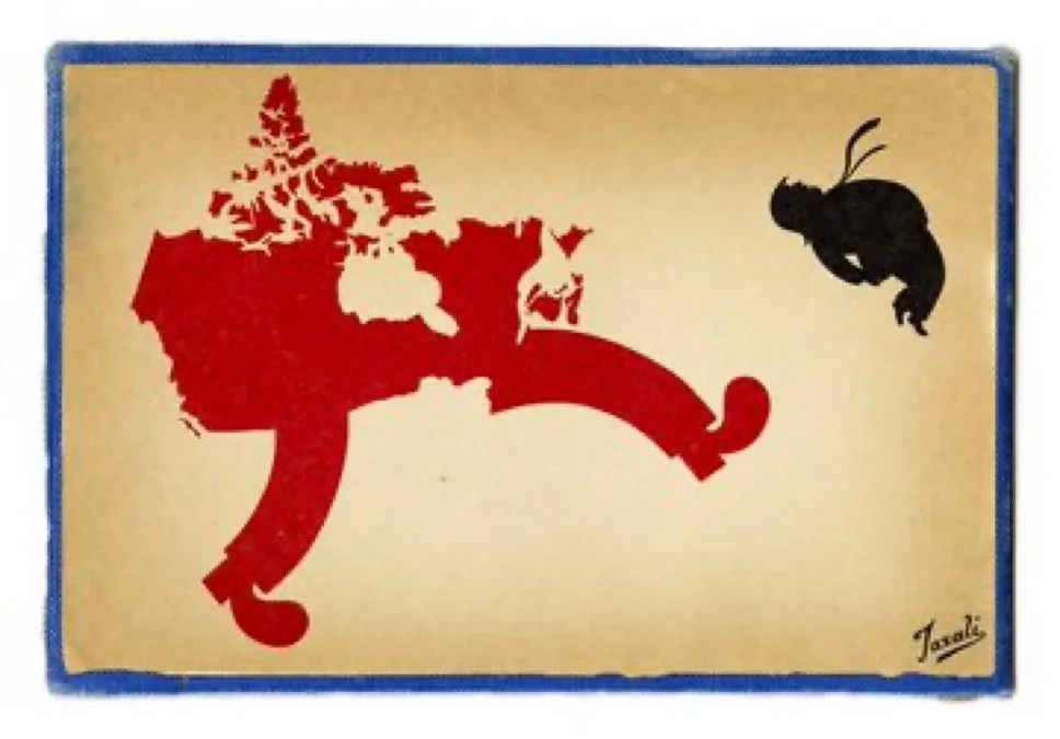 A vintage-style illustration shows a large red silhouette of a man in a dynamic kicking pose, aimed at a small black…