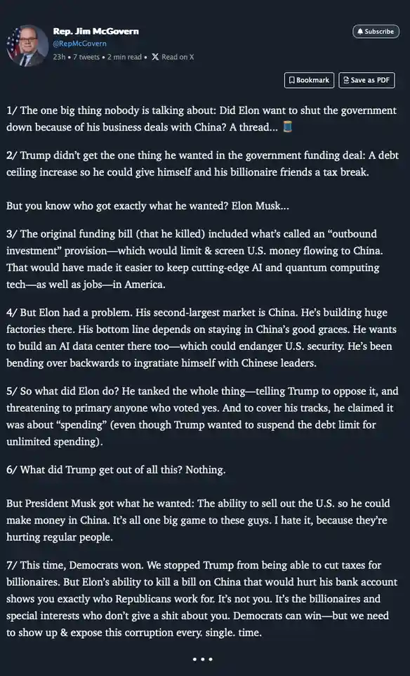 Rep Jim McGovern Reveals How Trump Missed Out While Elon Struck Gold