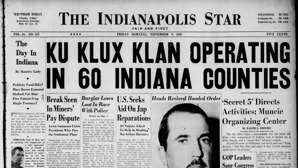 A black-and-white newspaper front page from The Indianapolis Star dated Friday, November 8, 1946, features a large headline…