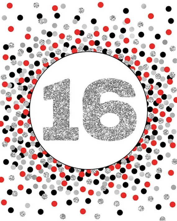 A graphic featuring the number 16 in large, glittery silver font centered within a white circle. The background is filled…