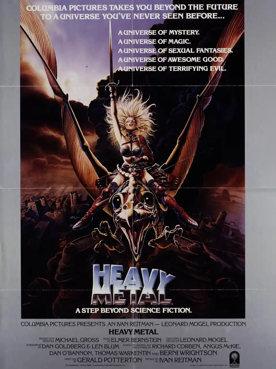 This is the original movie poster for 'Heavy Metal' (1981), featuring a blonde woman in a revealing outfit riding a large…