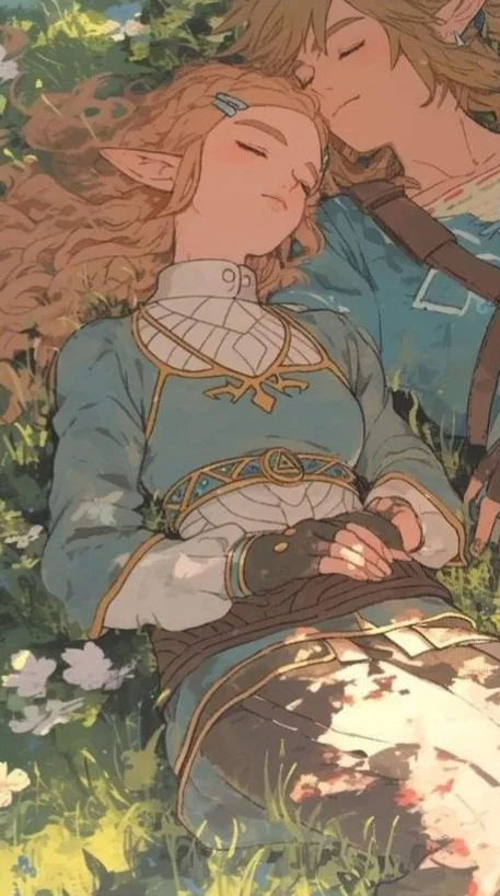 An anime-style illustration shows a female elf with long curly hair and pointed ears sleeping peacefully in a grassy field…