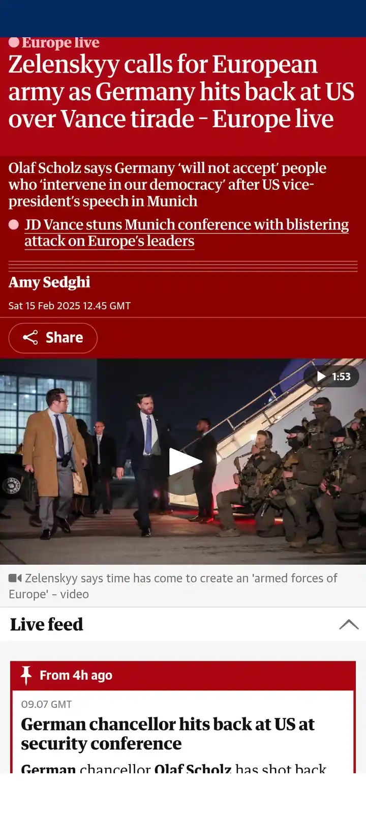 A screenshot of a news article about political tensions in Europe, featuring a headline about Zelenskyy calling for a…