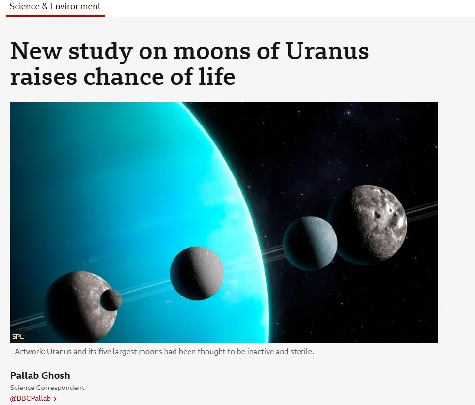 An image from a BBC article shows a blue planet, Uranus, with five large moons orbiting it against a starry background. The…
