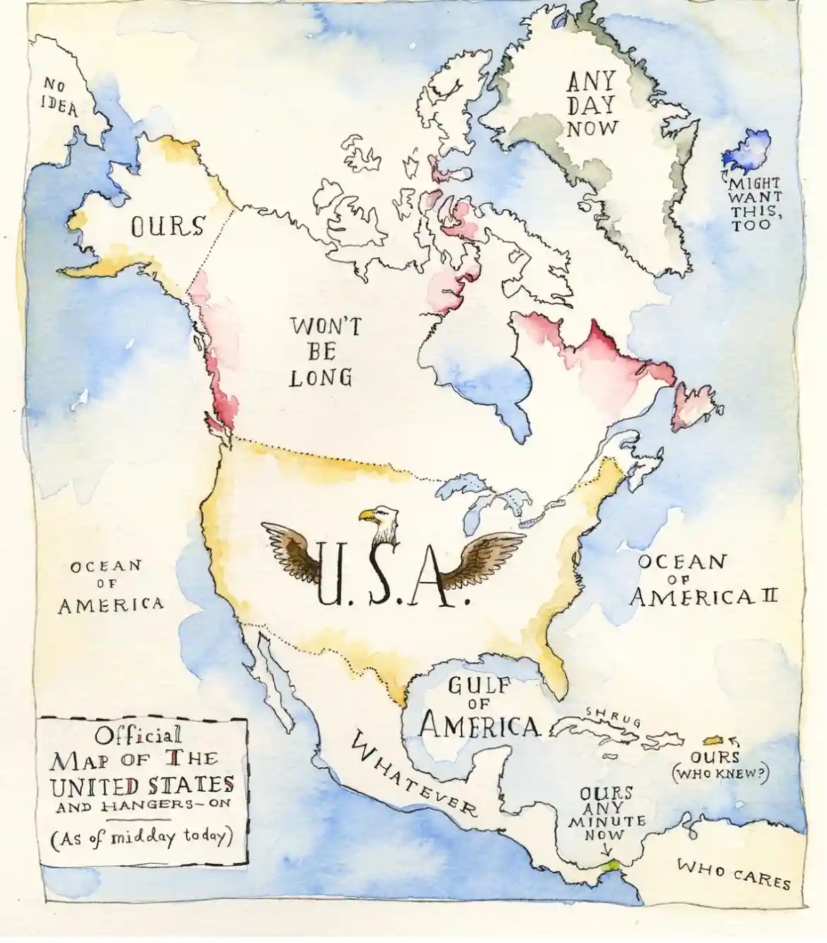 A watercolor map of North America humorously depicts the United States as the central territory labeled 'U.S.A.' with an…