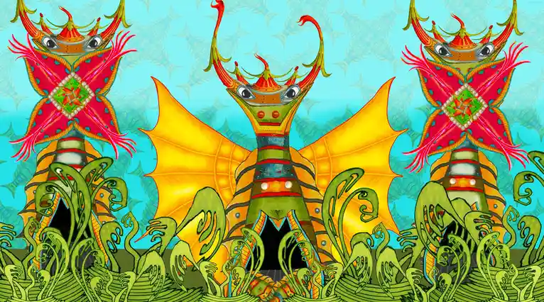 A surreal, symmetrical digital artwork features three ornate, insect-like creatures with large eyes, red and gold…