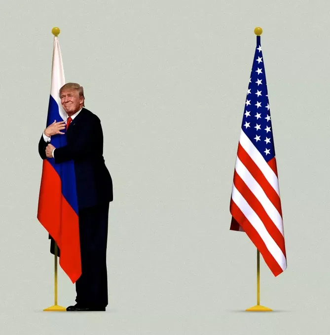 a digitally altered image shows a man in a dark suit standing beside a Russian flag, hugging it with both arms while…