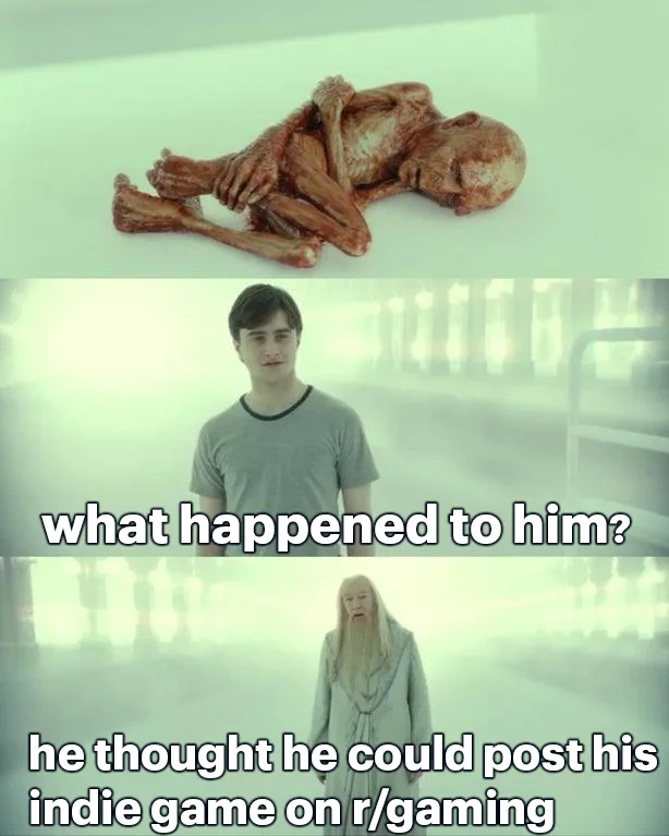 The image is a three-panel meme. The top panel shows a grotesque, bloodied, and partially skeletal human-like figure lying…