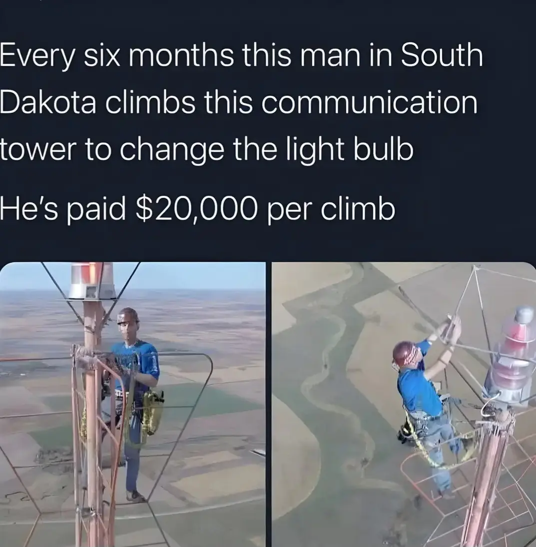 Two side-by-side photos show a man in a blue shirt and safety gear climbing a tall communication tower against a vast, flat…