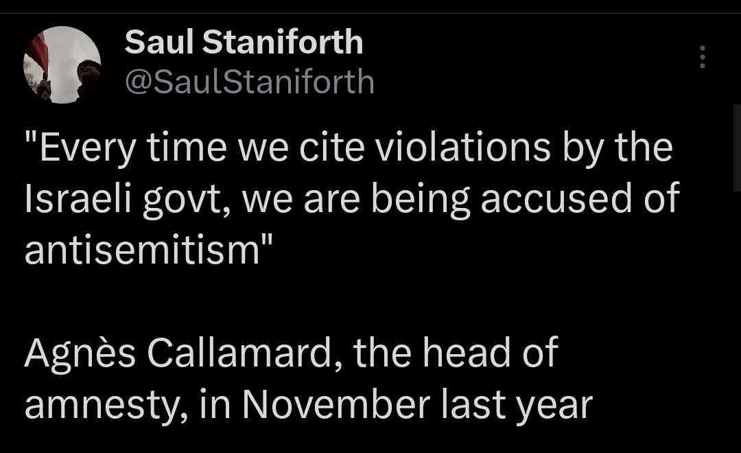 A screenshot of a tweet by Saul Staniforth showing a quote attributed to Agnès Callamard, head of Amnesty International…