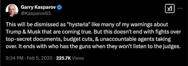 A screenshot of a tweet from Garry Kasparov, posted on February 5, 2025, at 9:34 PM, showing his profile picture and handle…